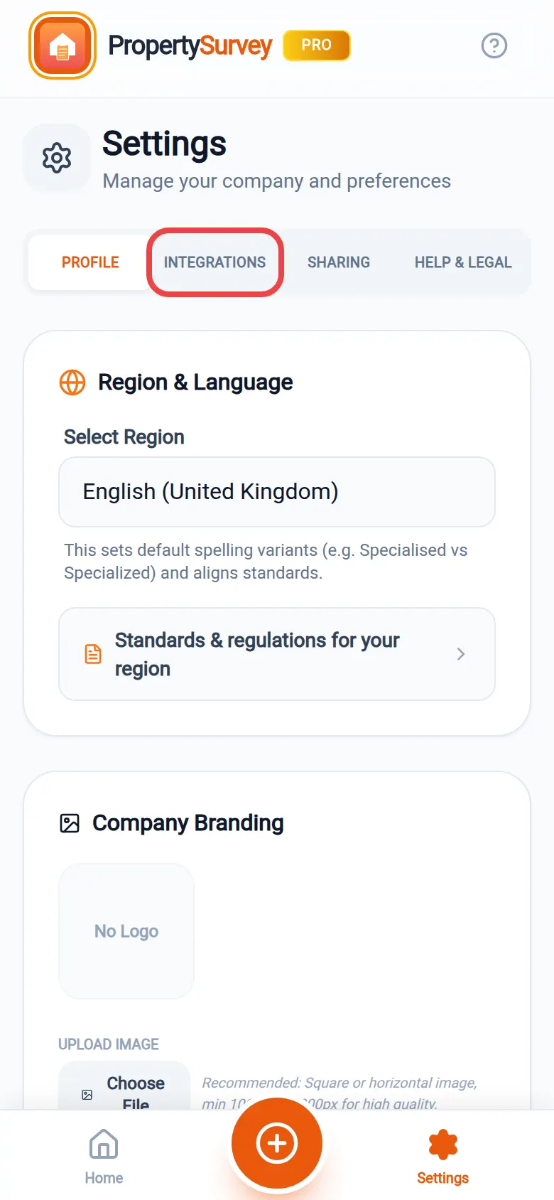 PropertySurvey Pro Settings screen with the Integrations tab ringed in red