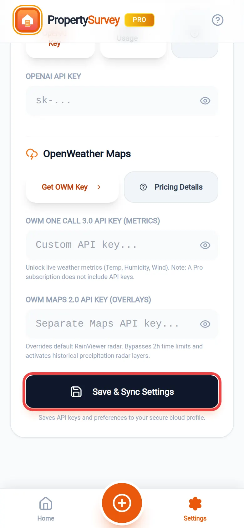 The Save & Sync Settings button ringed in red