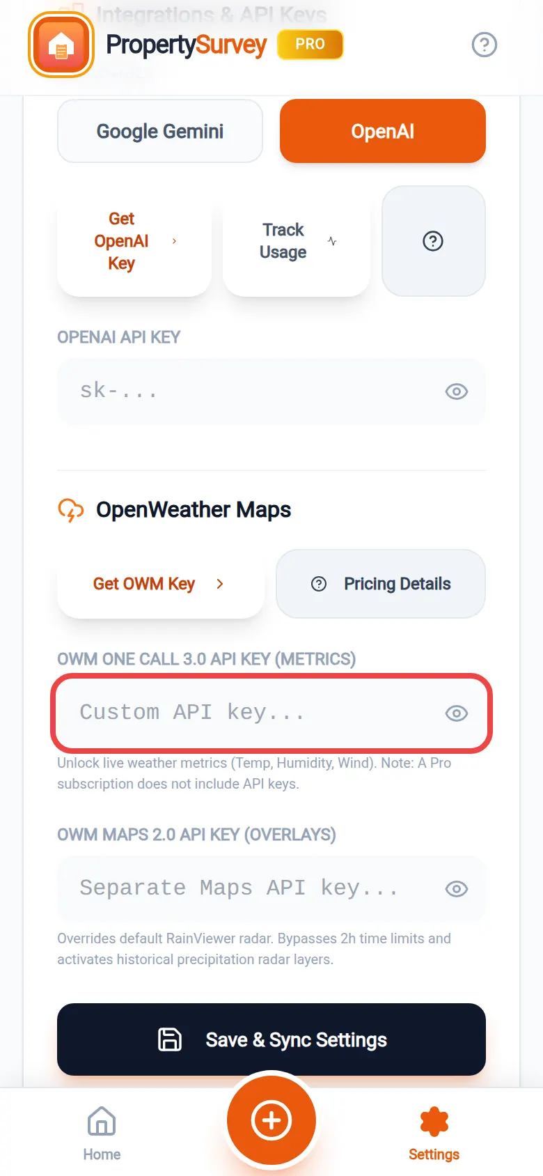 The first weather key box ringed in red on the Integrations screen
