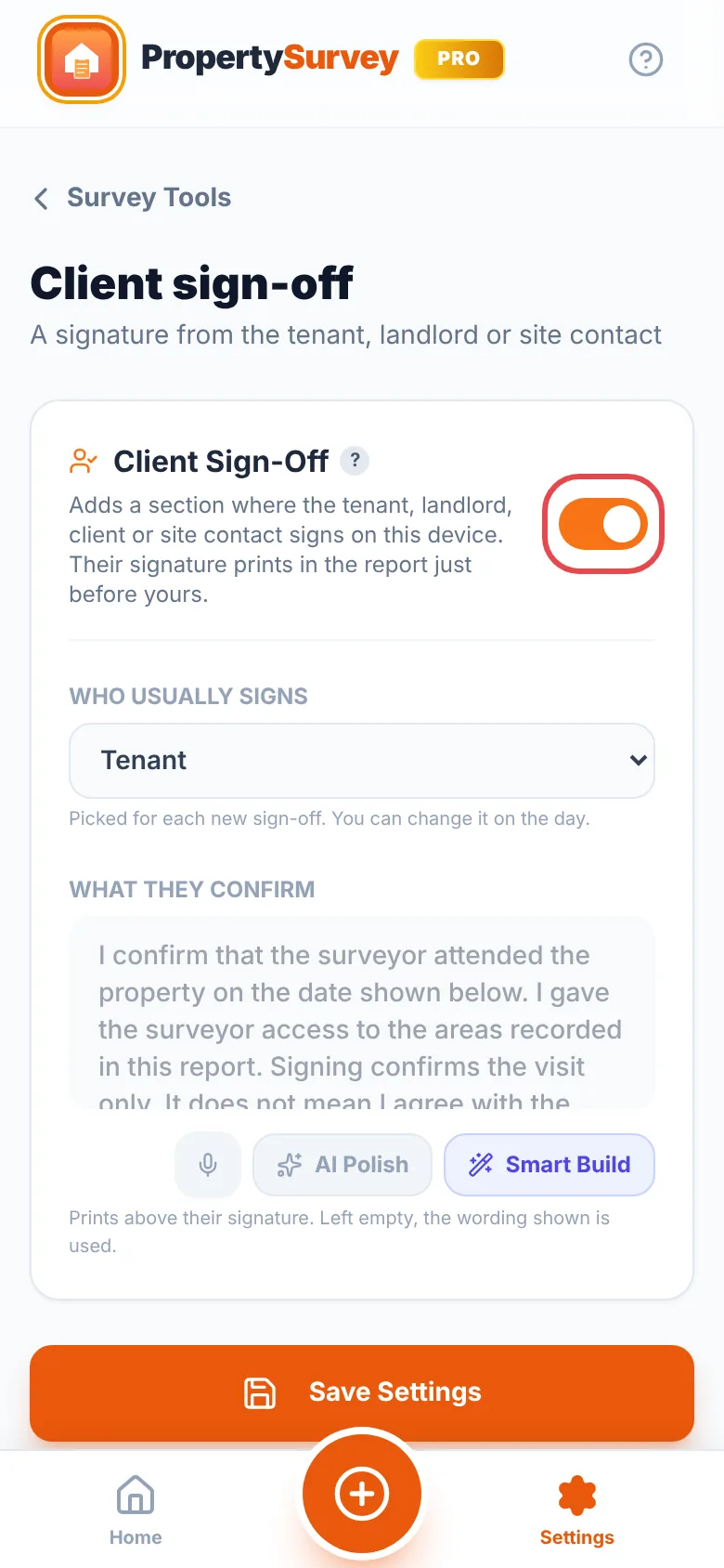 Settings, Profile tab: the Client Sign-Off switch ringed in red and turned on, with Who Usually Signs set to Tenant and the wording under What They Confirm