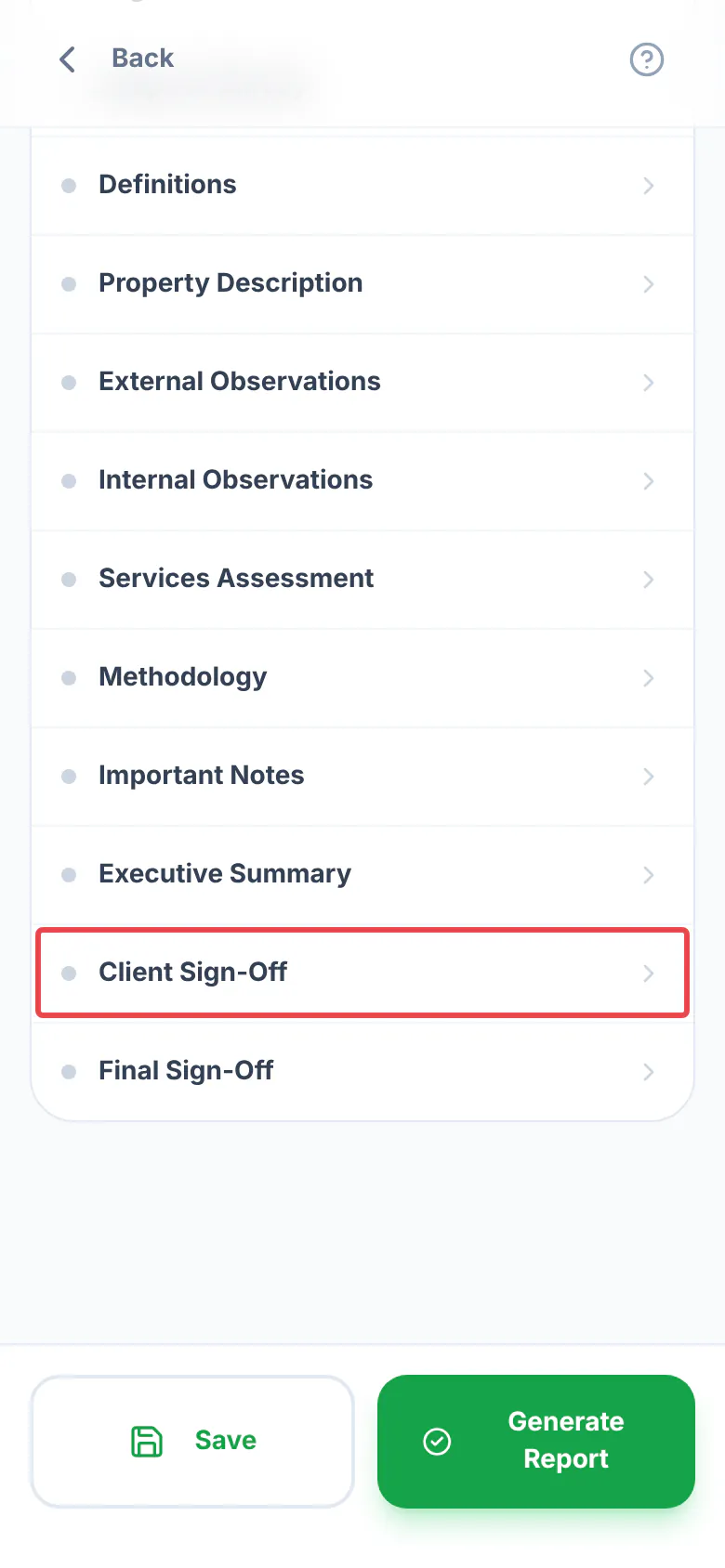The Report Narrative list of a General Inspection, with Client Sign-Off ringed in red just above Final Sign-Off