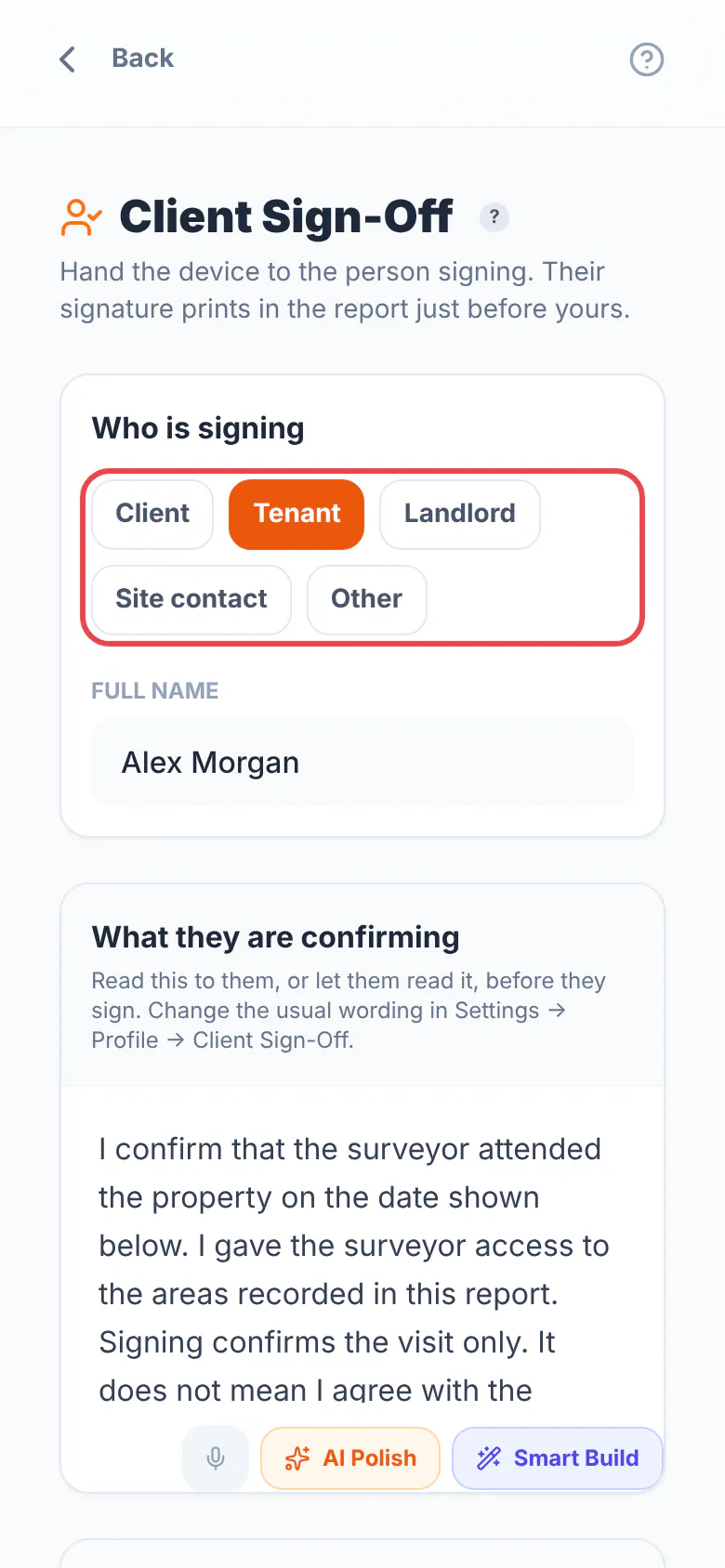 The Client Sign-Off screen with the Who is signing buttons ringed in red, Tenant picked and the tenant's full name filled in