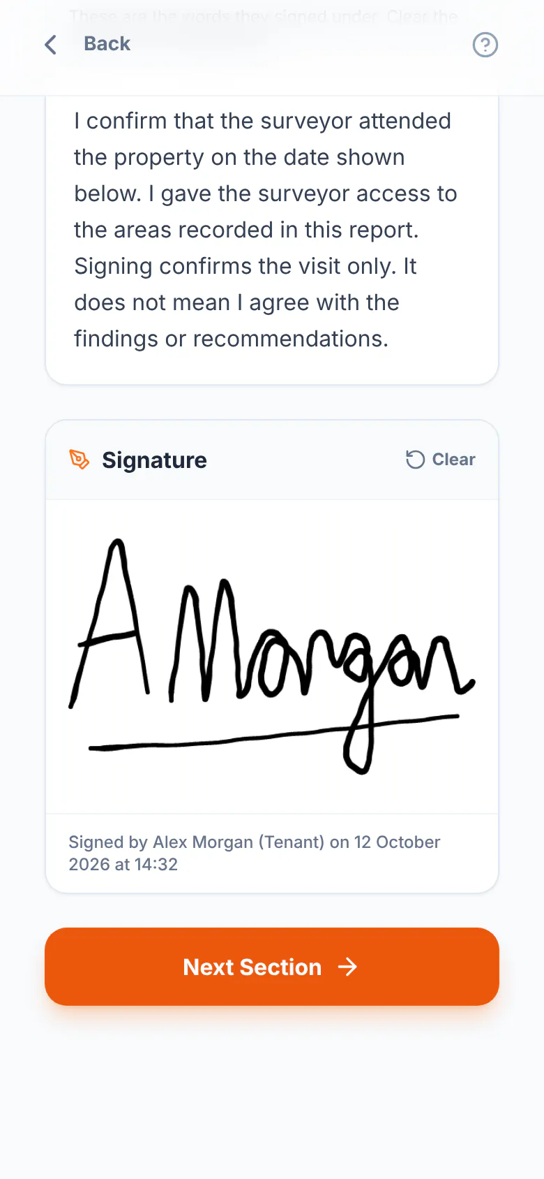A tenant's signature in the Signature box, with the line Signed by Alex Morgan (Tenant) on 12 October 2026 at 14:32