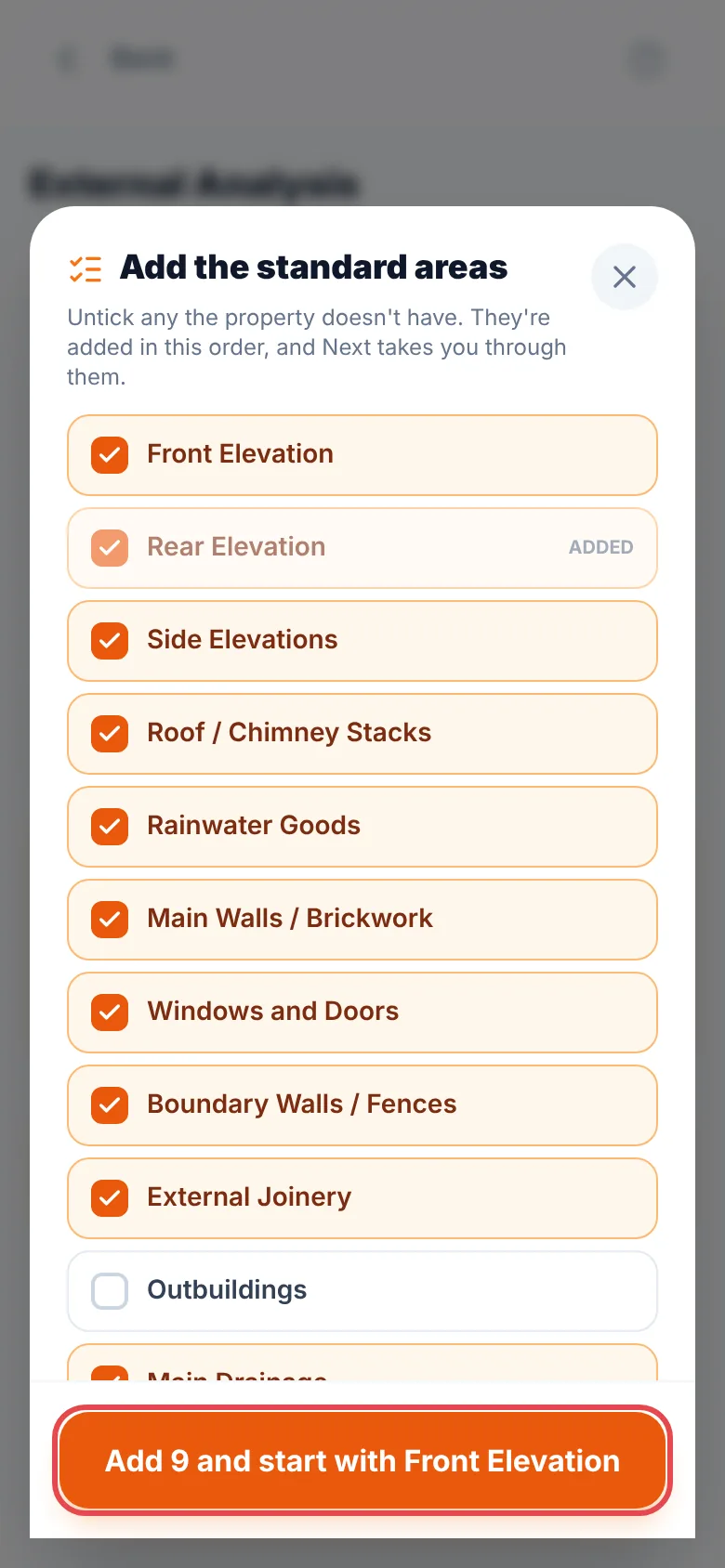 The Add the standard areas sheet: the usual outside areas ticked, Outbuildings unticked, Rear Elevation already added, and the Add 9 and start with Front Elevation button ringed in red
