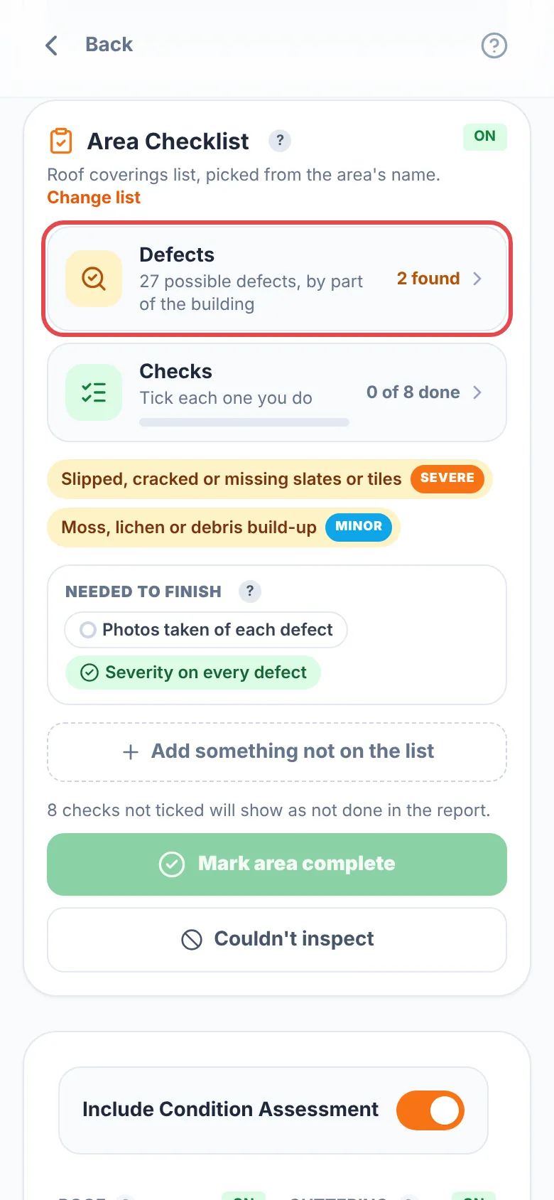 The Area Checklist on a roof, with the Defects and Checks buttons, the Defects button ringed in red, and the defects found below as chips with their severity