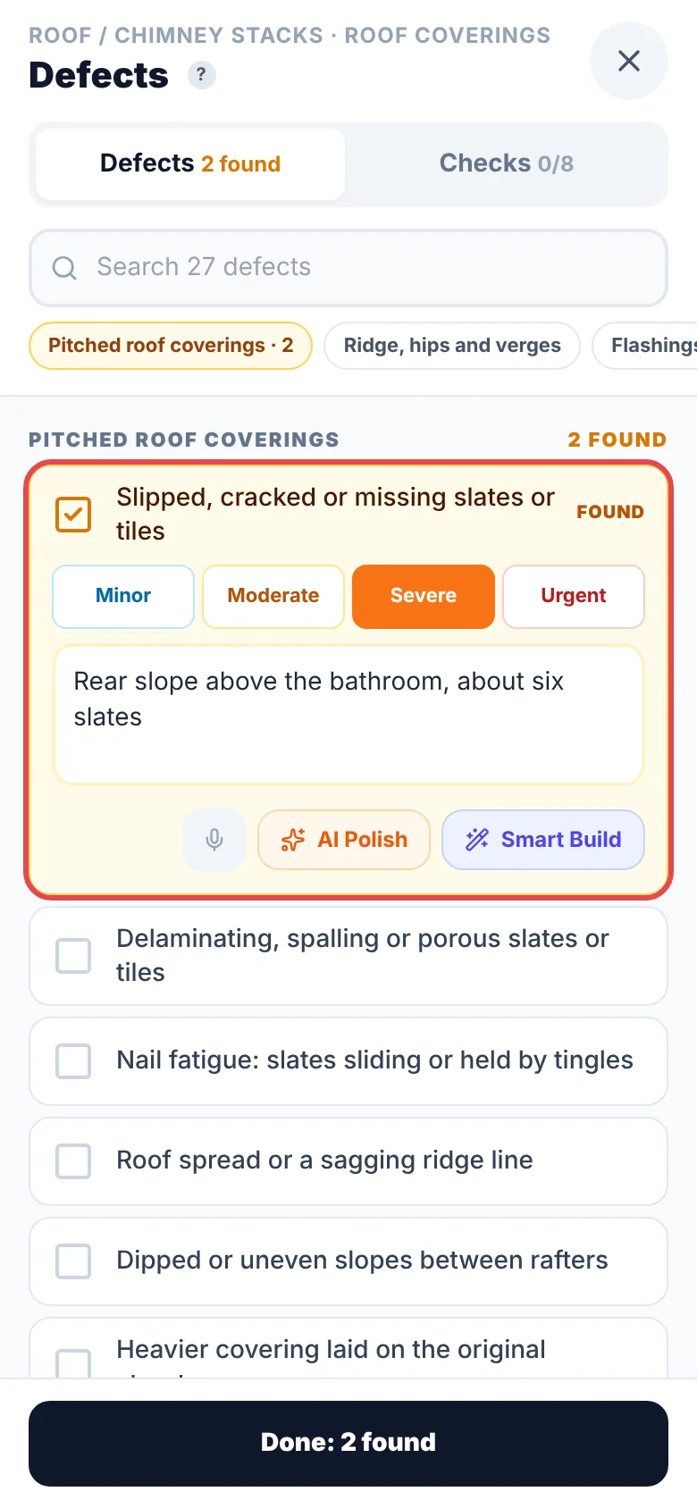 The full-screen Defects list for the roof coverings, with a search box, buttons for each element, and a defect ticked as found with its severity and a note, ringed in red