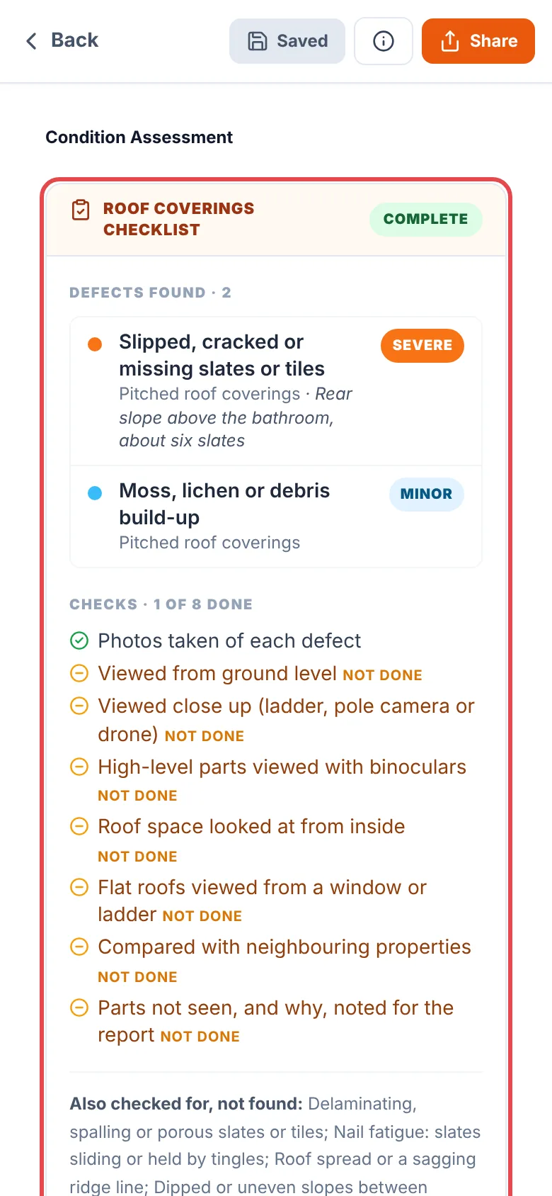 The report screen for the roof, showing its checklist with each defect found, its severity and note, the checks done and what was checked for and not found, ringed in red