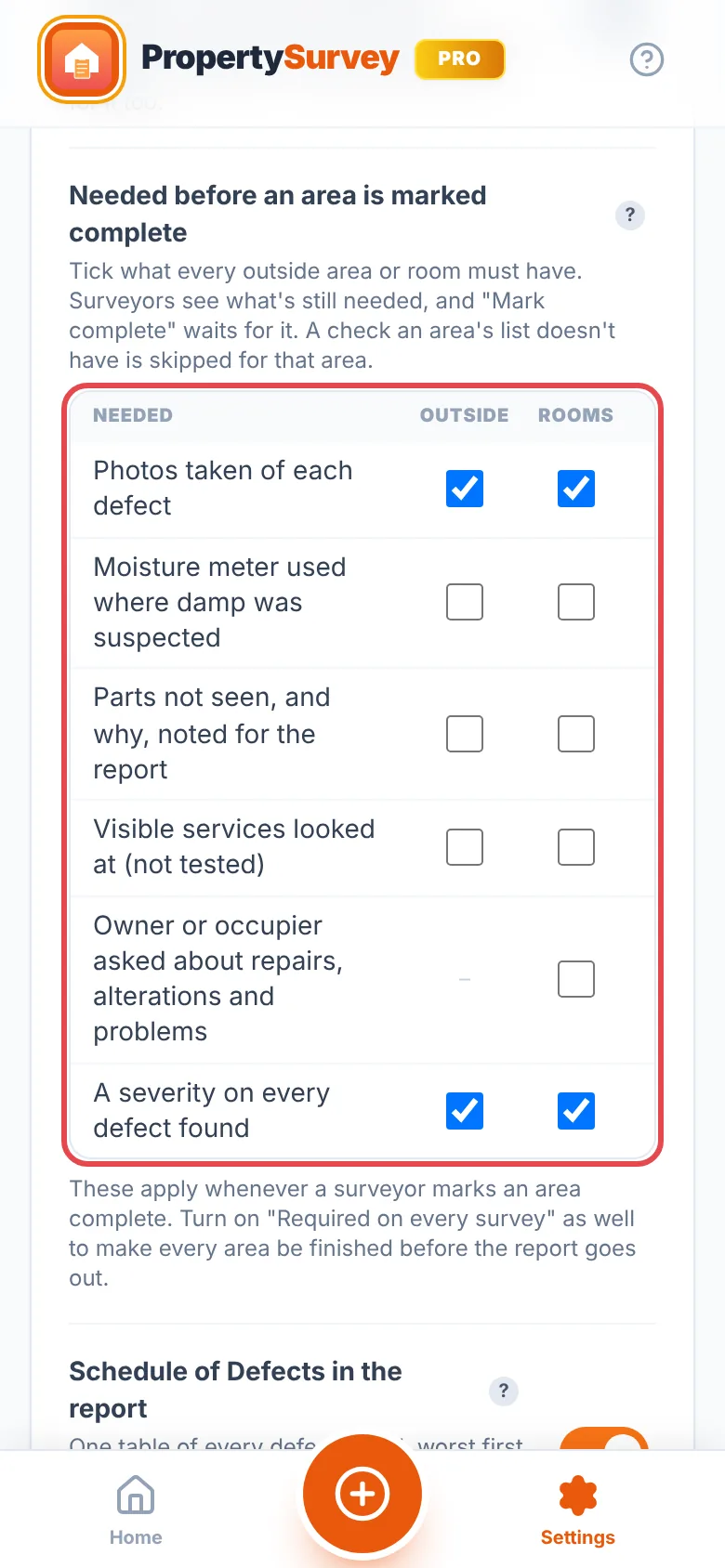 Settings, Survey Tools, Area checklists: the Needed before an area is marked complete grid, with Photos taken of each defect and A severity on every defect found ticked for outside areas and rooms, ringed in red