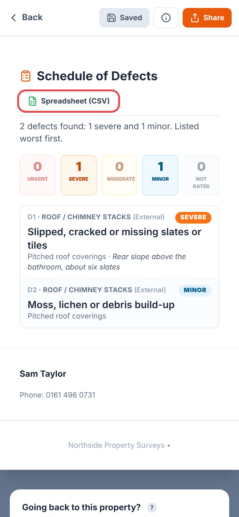 The Schedule of Defects on the report screen: counts of urgent, severe, moderate and minor defects, then the table with each defect's location, element, note and severity, and the Spreadsheet (CSV) button ringed in red