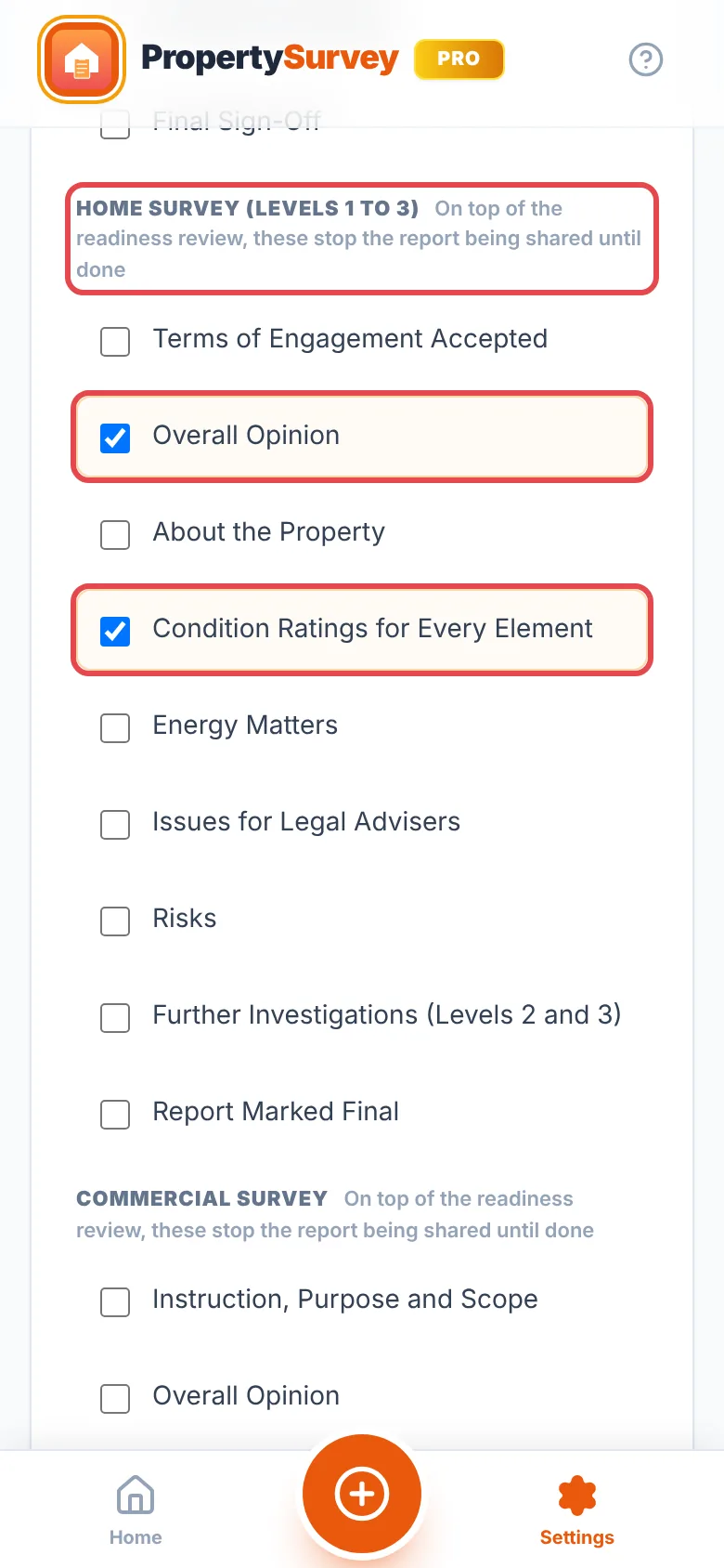 The Home Survey (Levels 1 to 3) group in Required Sections ringed in red, with Overall Opinion and Condition Ratings for Every Element ticked and ringed, above the Commercial survey group
