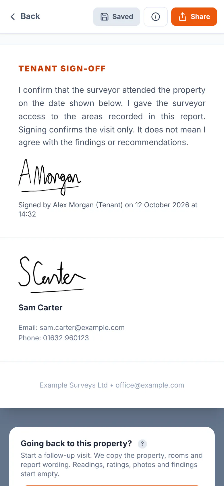 The report screen showing Tenant Sign-Off with the wording, the tenant's signature and when they signed, above the surveyor's own signature
