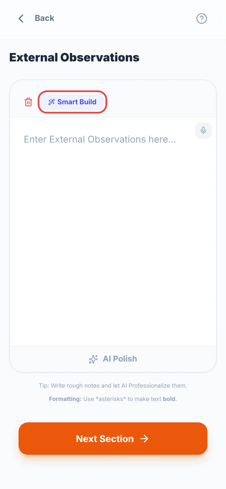 External Observations in a General Inspection, with the Smart Build button above the empty box ringed in red