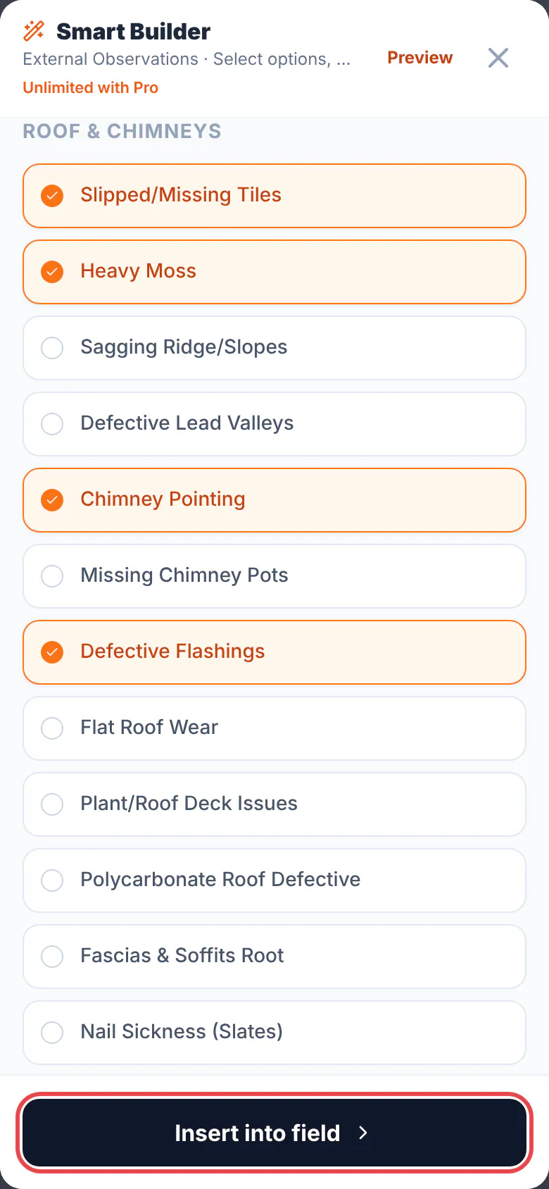 The Smart Builder for External Observations with slipped tiles, heavy moss, chimney pointing and defective flashings ticked under Roof & Chimneys, and the Insert into field button ringed in red