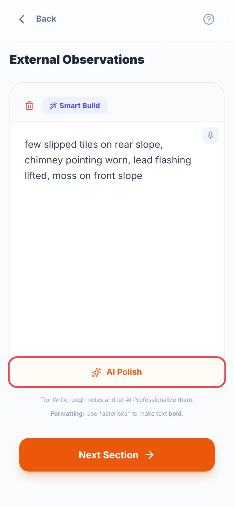 A rough note typed into External Observations in a General Inspection, with the AI Polish button under the box ringed in red