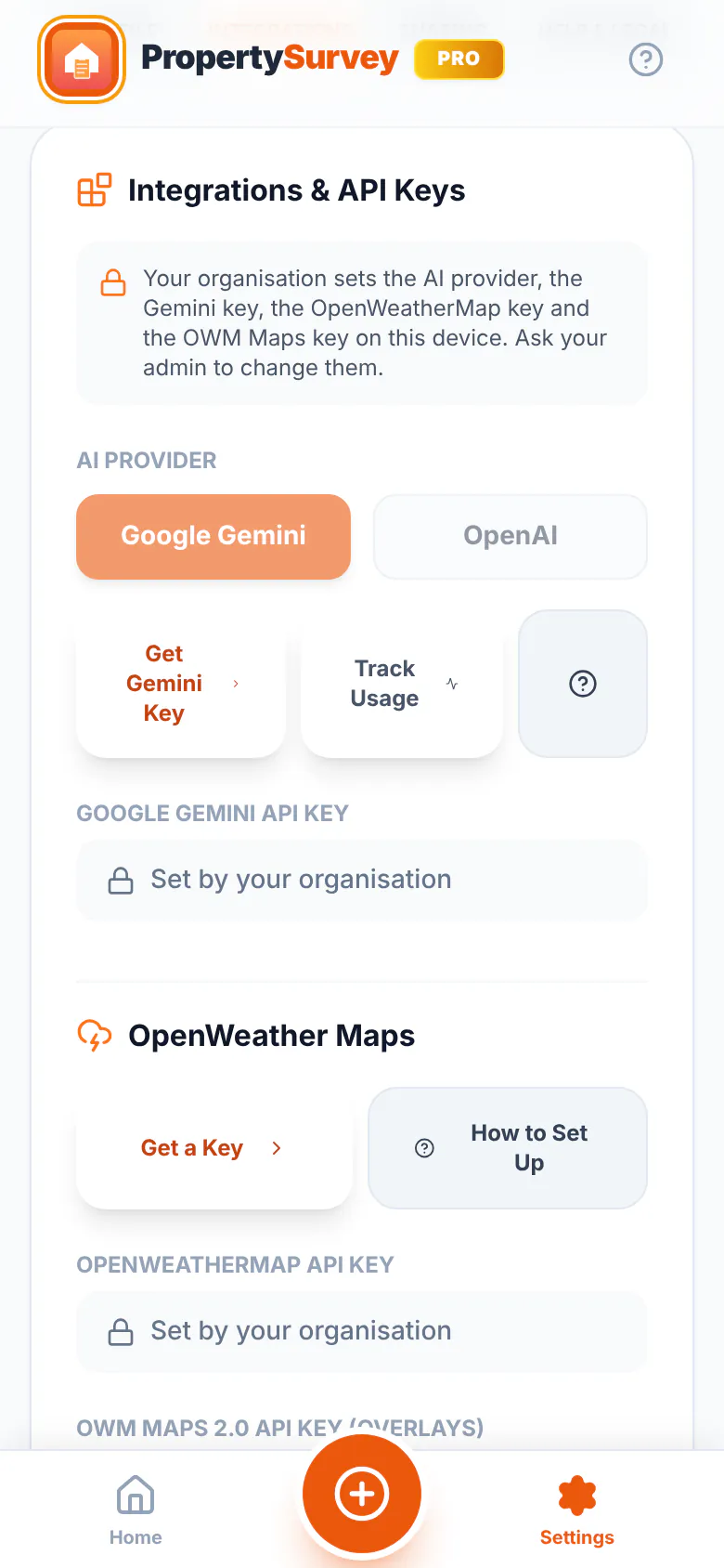 PropertySurvey Pro Settings, Integrations tab, on a B2B device: the Gemini and OpenWeatherMap key boxes read Set by your organisation, under a note that the organisation sets them