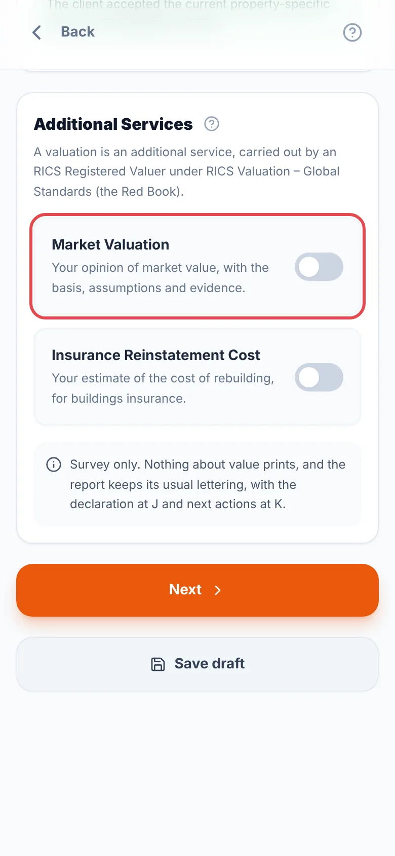 The Additional Services card in A Instruction of a Home Survey, with the Market Valuation switch ringed in red and still off, above the Insurance Reinstatement Cost switch