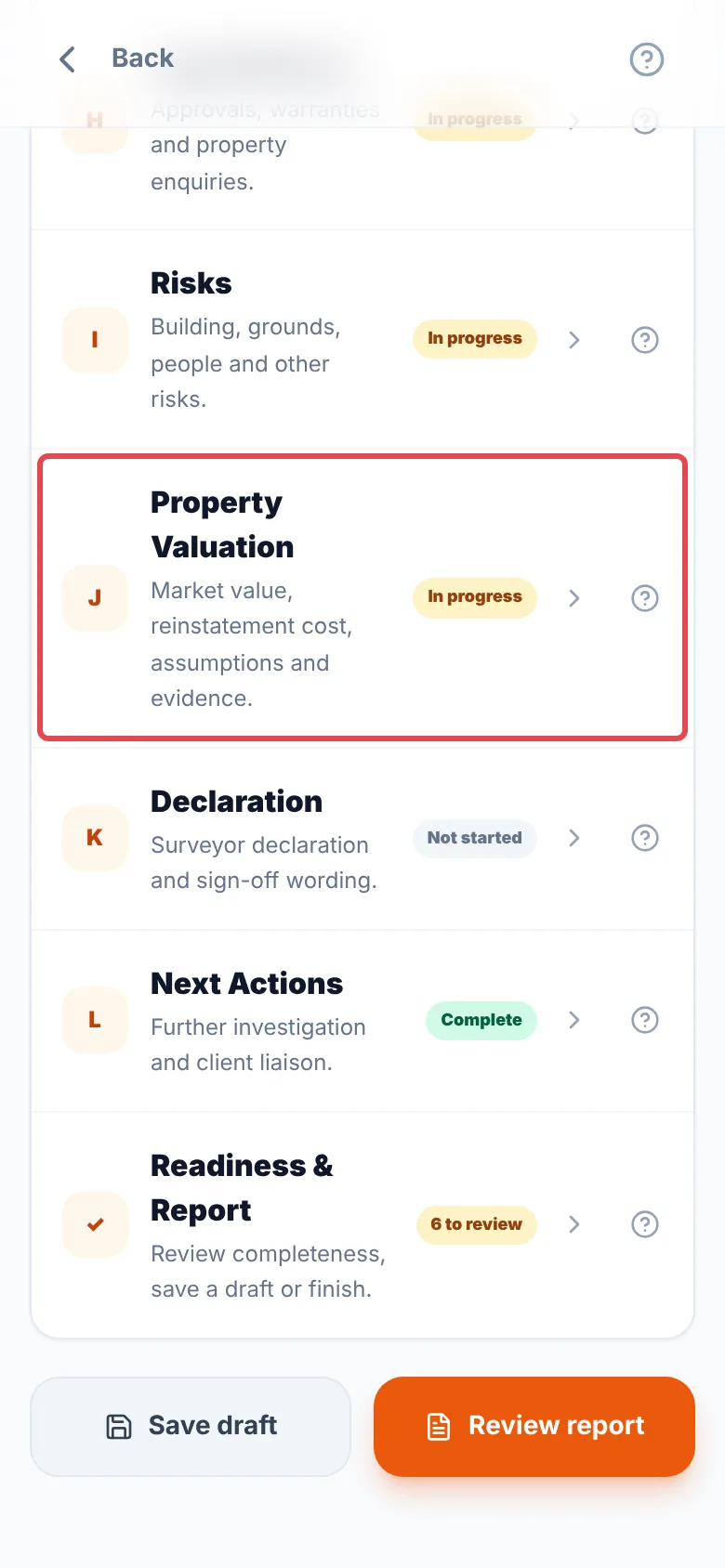 The Home Survey section list with J Property Valuation ringed in red after I Risks, and the declaration and next actions now lettered K and L