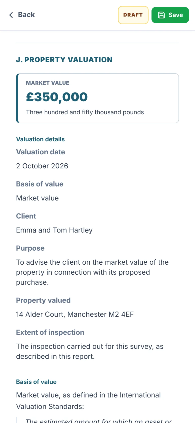 The report screen at J. Property valuation, showing the market value of £350,000 in figures and words above the valuation details