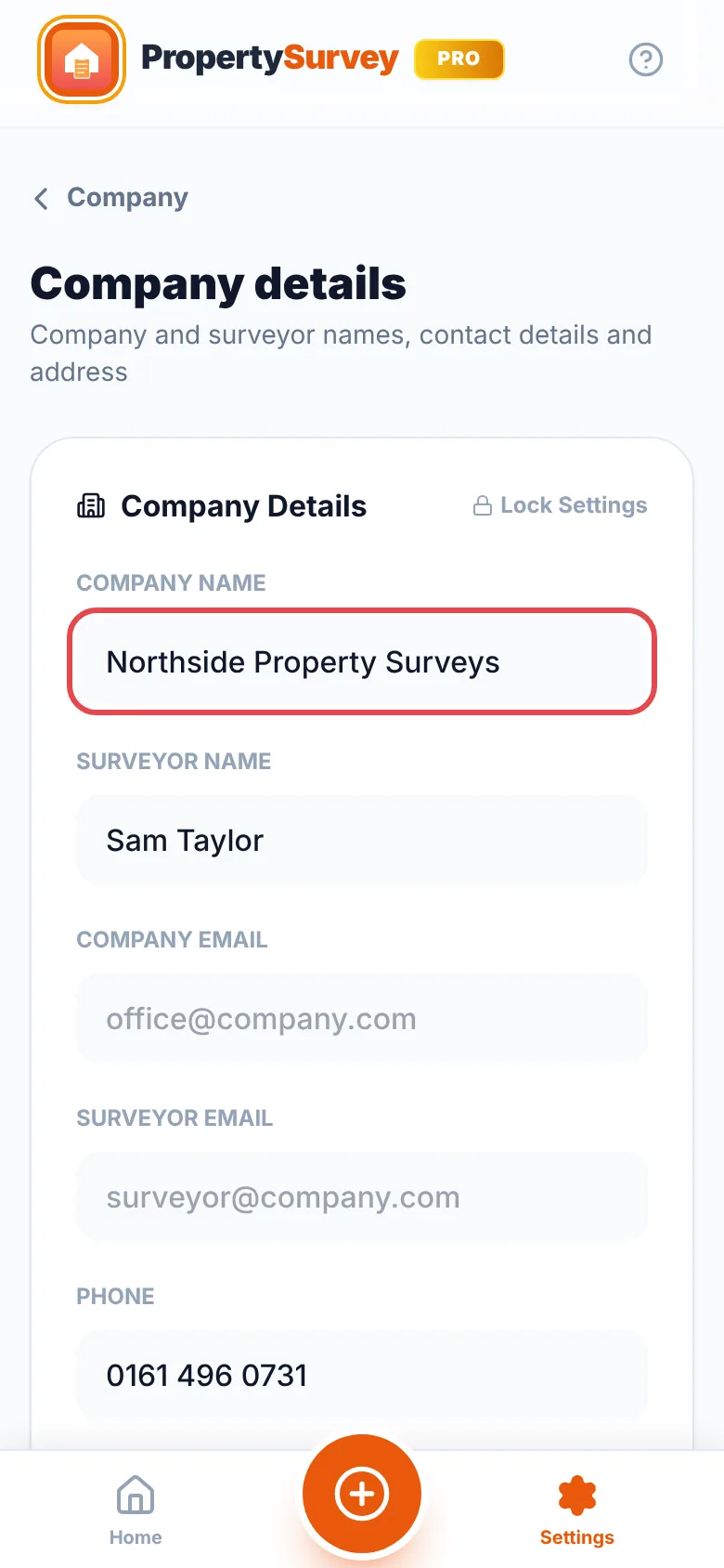 Settings, Profile tab: the Company Details card with the Company Name box ringed in red and filled in as Northside Property Surveys, above the surveyor name Sam Taylor