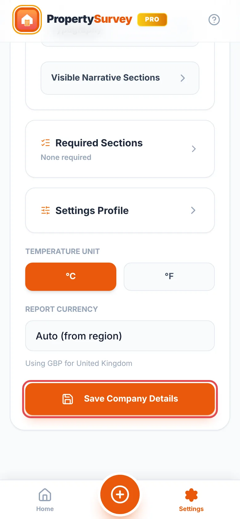 Further down the Profile tab, the Save Company Details button ringed in red under Temperature Unit and Report Currency
