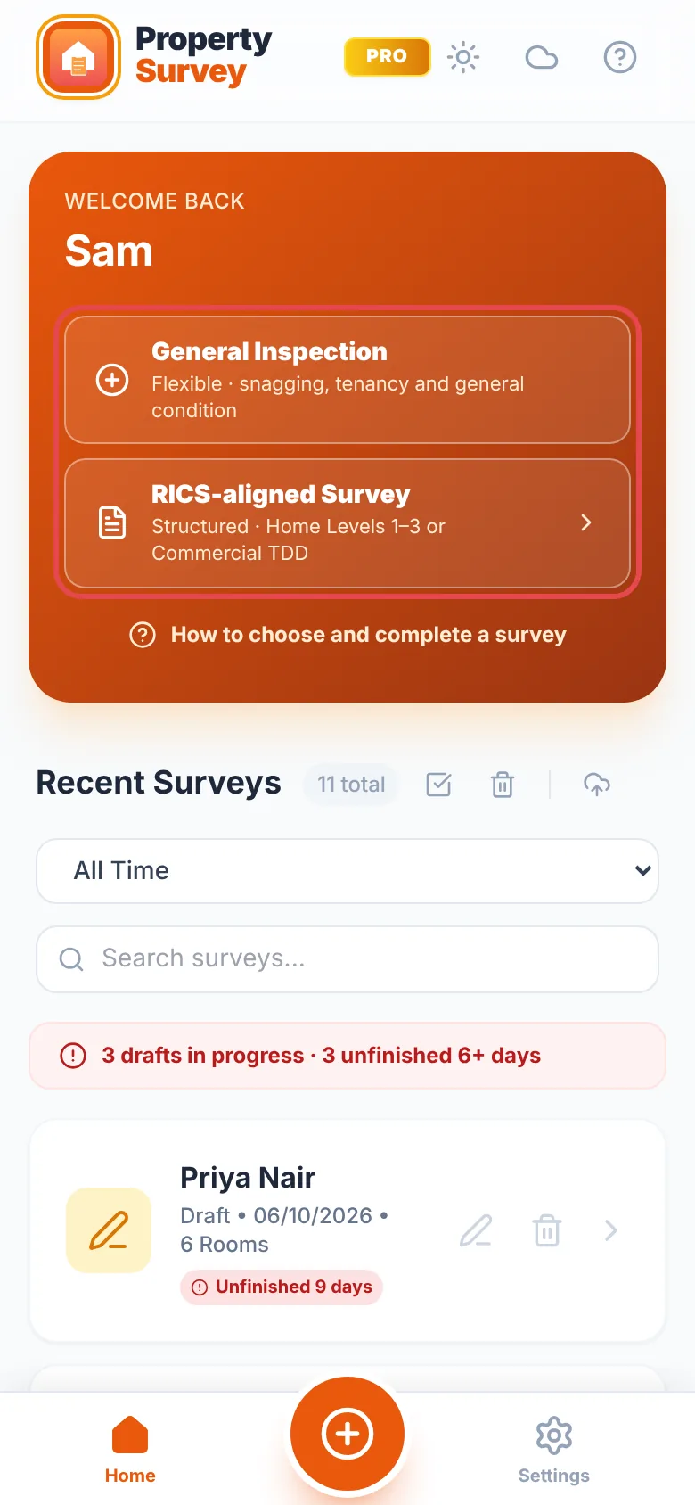 The home screen with the General Inspection and RICS-aligned Survey buttons ringed in red on the Welcome back card, above Recent Surveys
