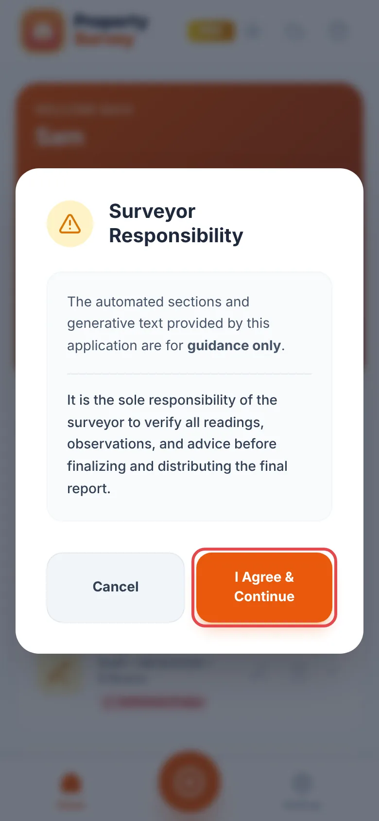 The Surveyor Responsibility note, with the I Agree & Continue button ringed in red beside Cancel