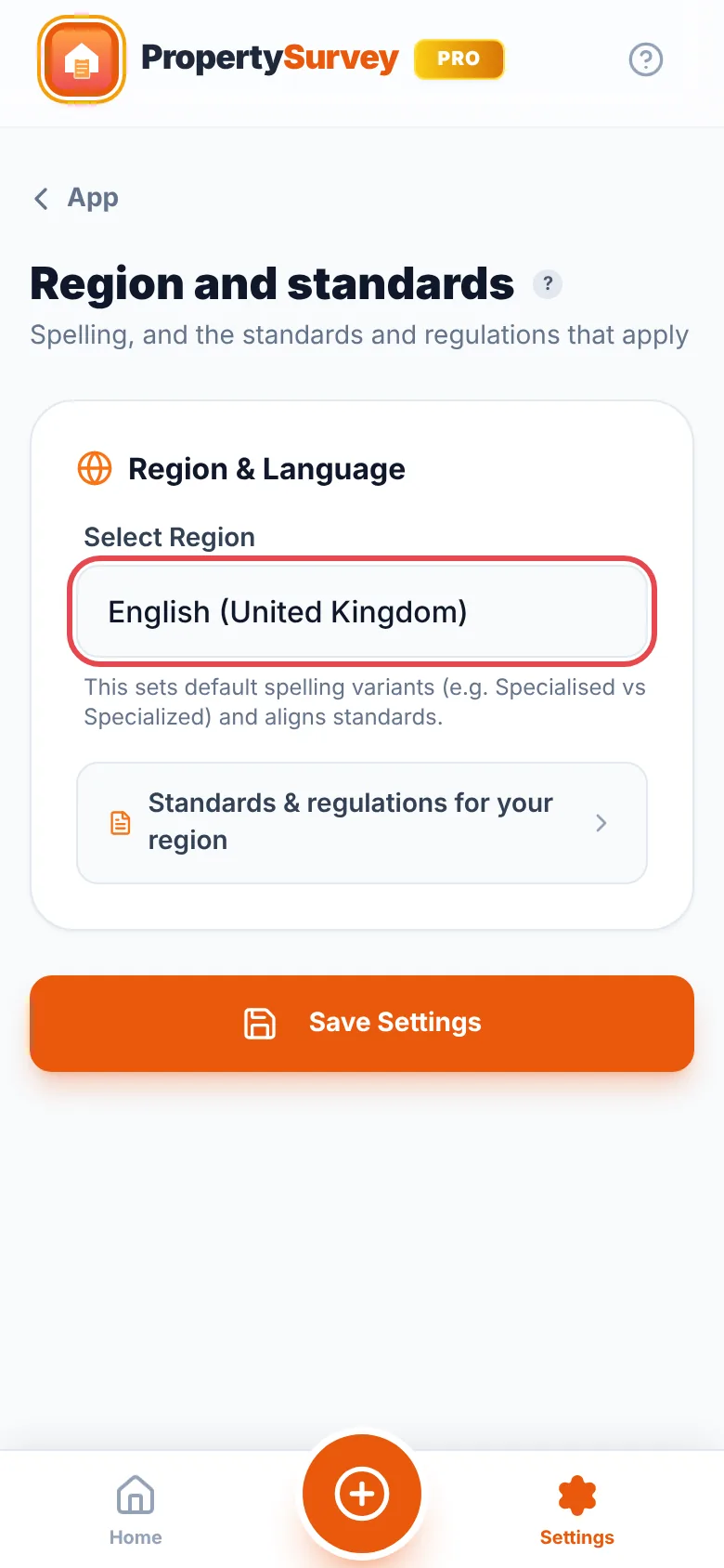 Settings, Profile tab: the Region & Language card with the Select Region box ringed in red and set to English (United Kingdom)