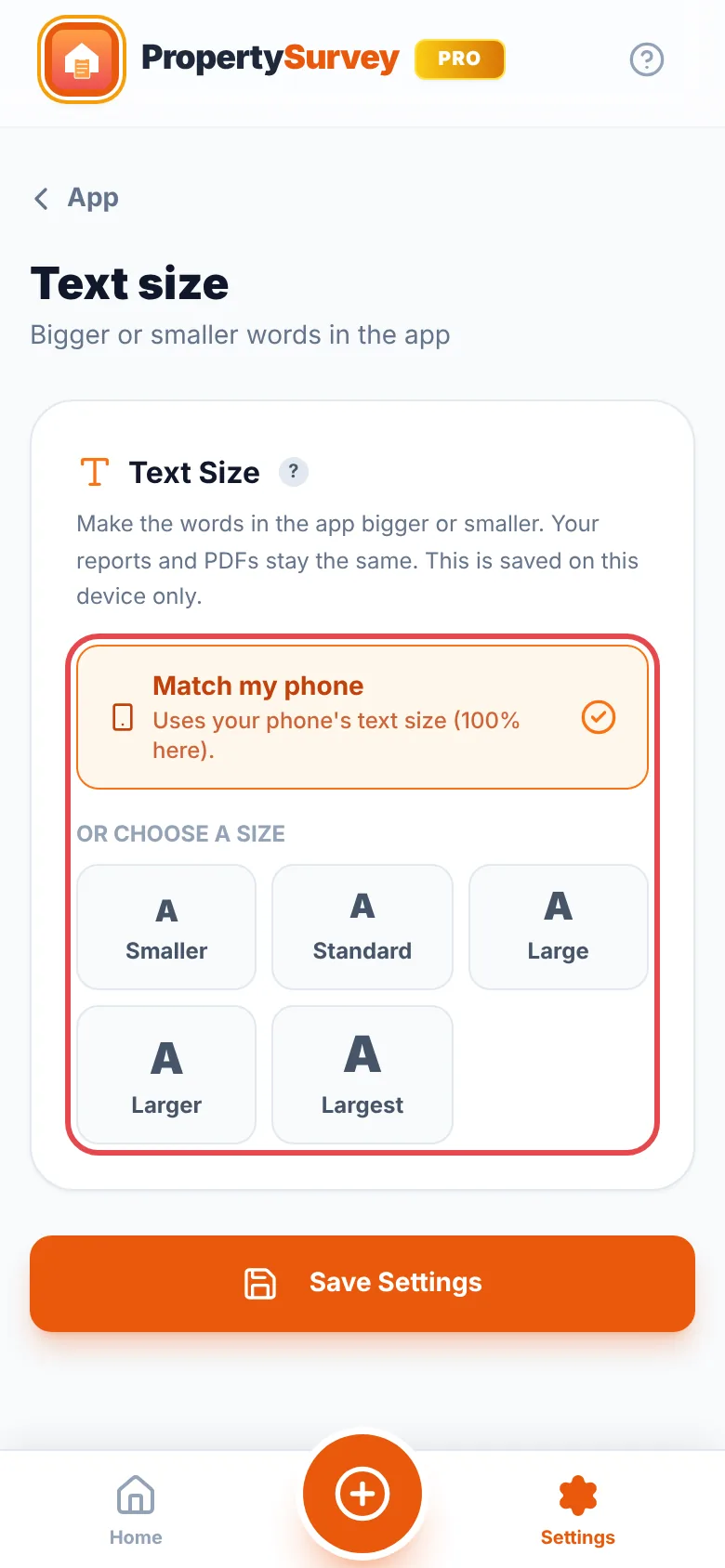 Settings, Profile tab: the Text Size card with Match my phone and the sizes from Smaller to Largest ringed in red