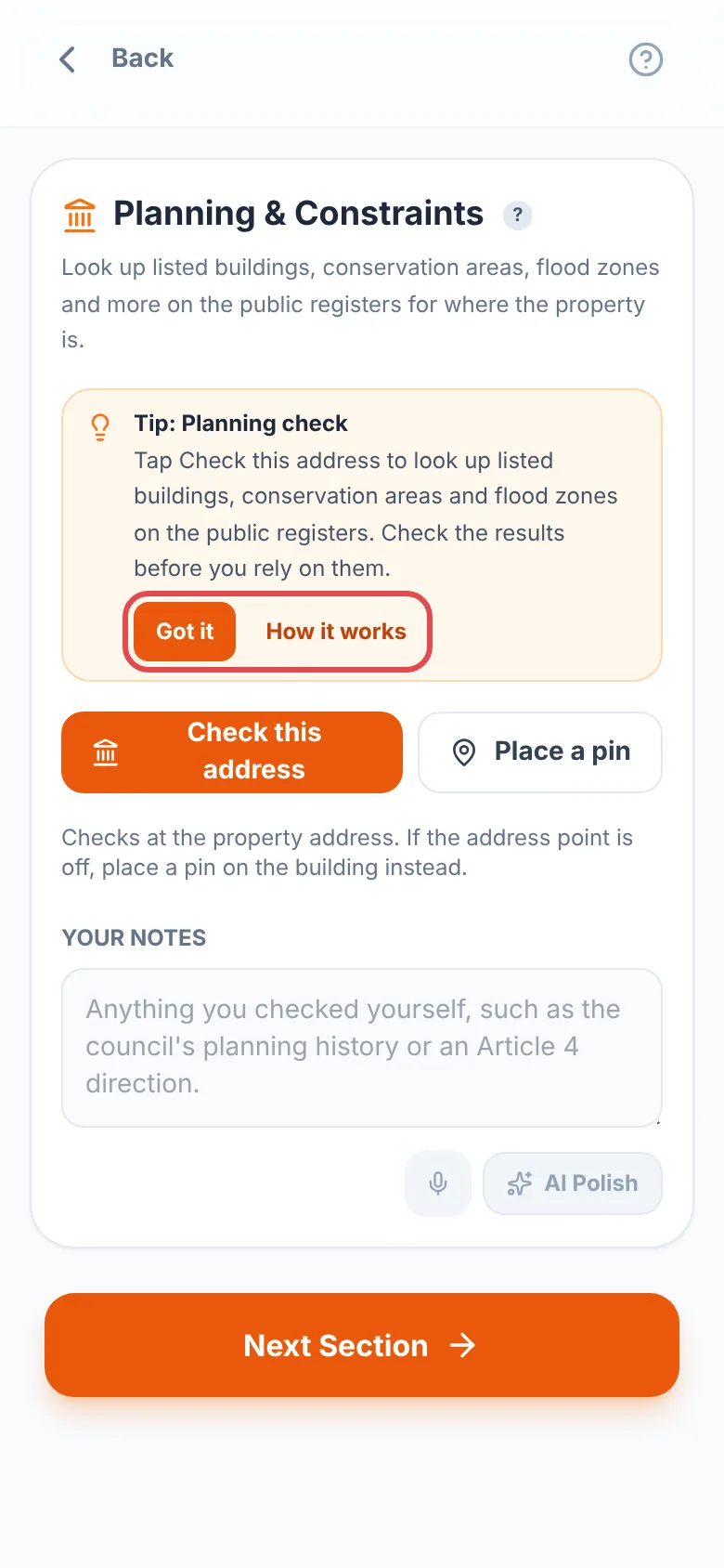 A tip titled Tip: Planning check on the Planning & Constraints screen, with its Got it and How it works buttons ringed in red