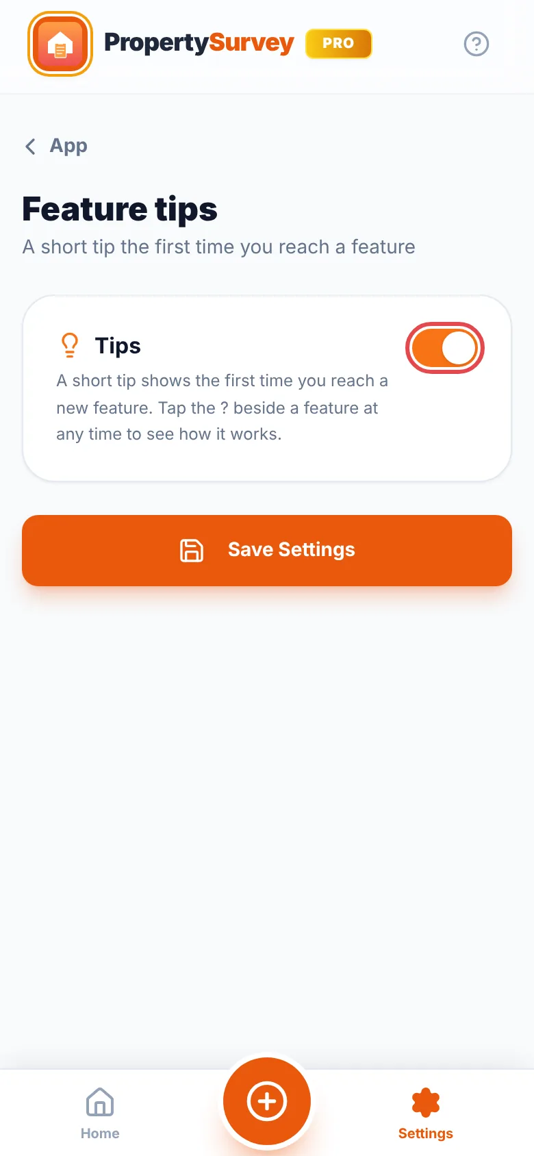 Settings, Profile tab: the Tips card with its switch ringed in red and turned on