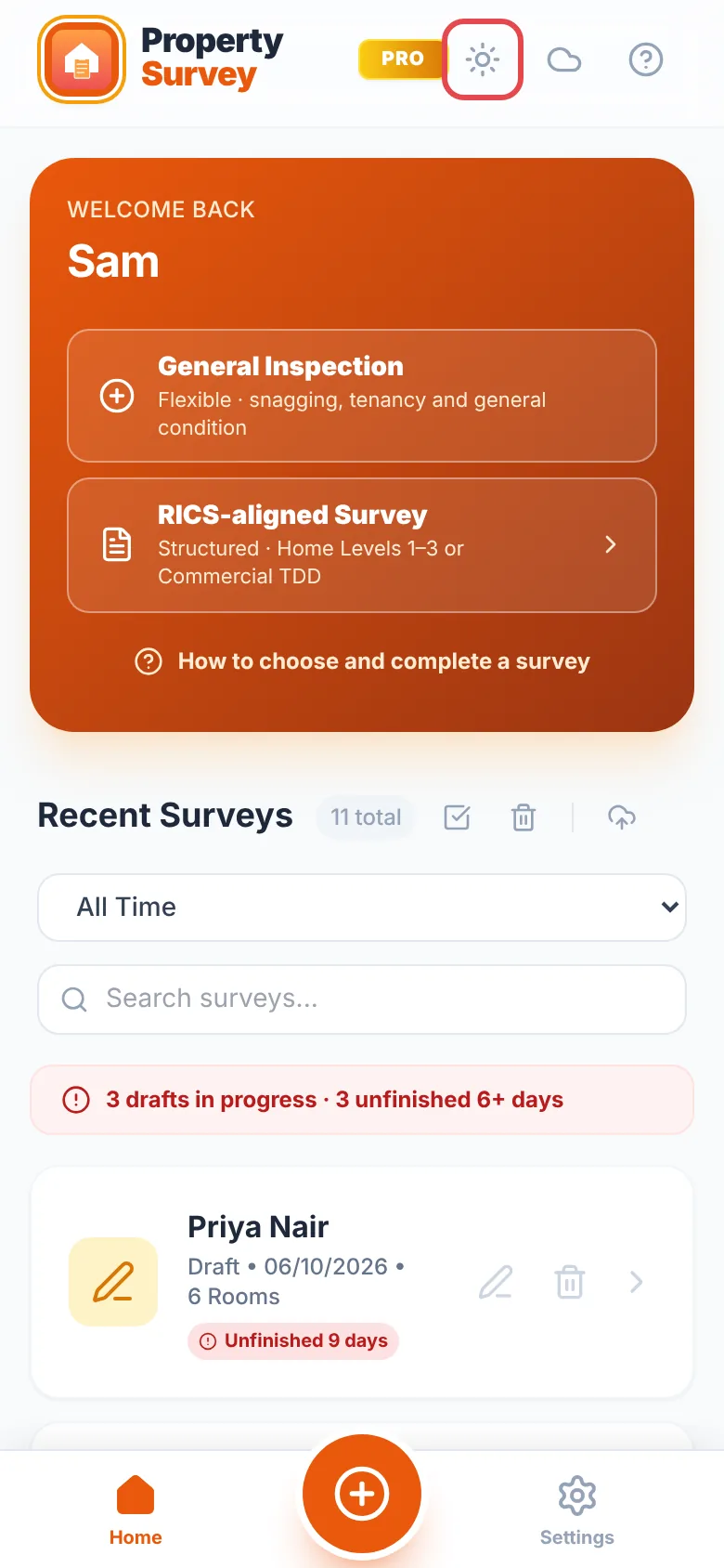 The top of the home screen with the sun icon ringed in red, between the app name and the cloud icon