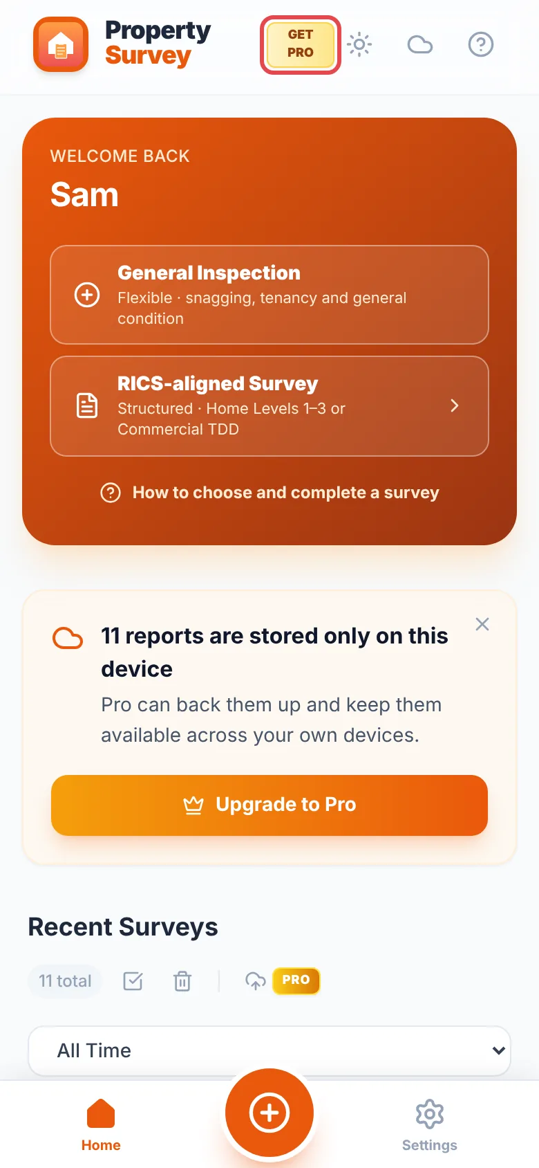 The home screen on the free plan, with the GET PRO badge at the top ringed in red
