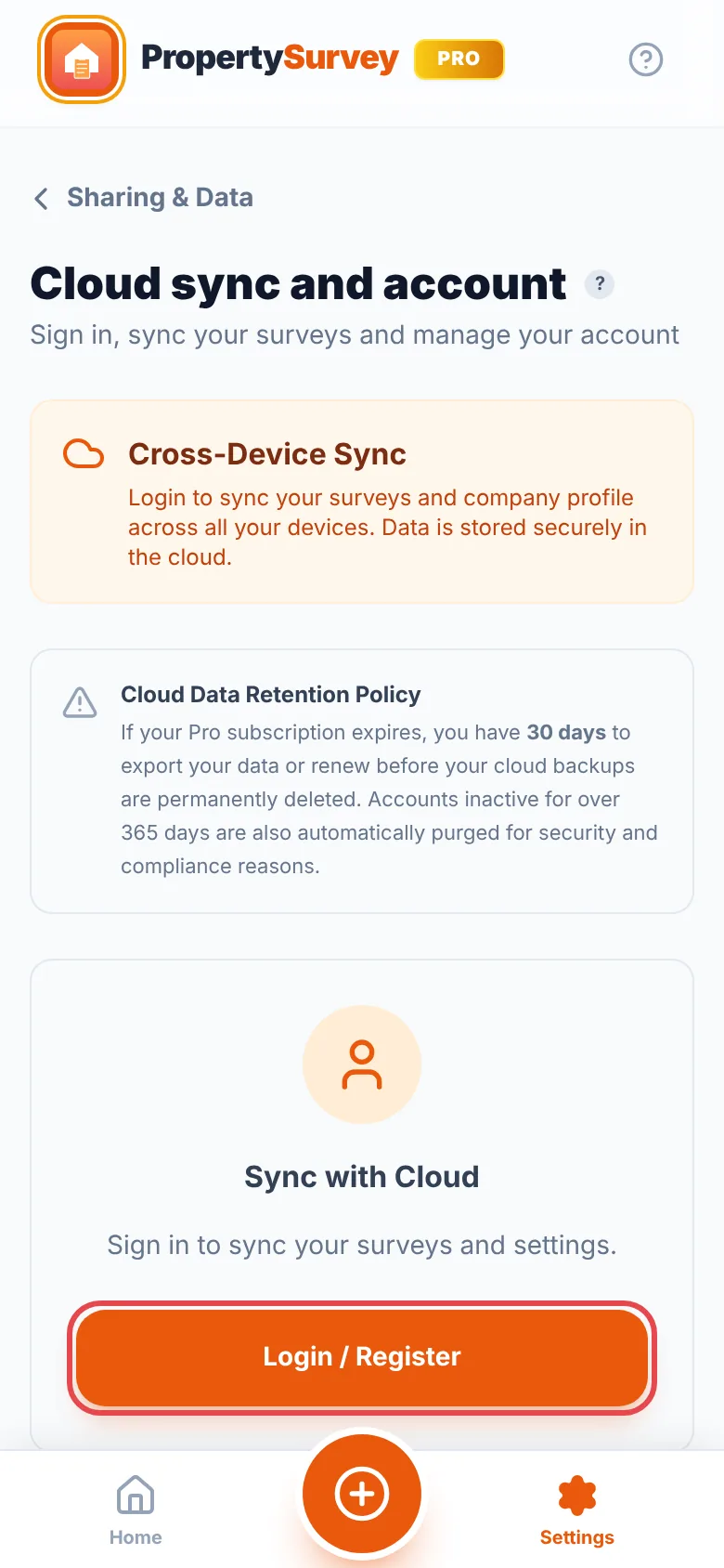 Settings, Sharing tab: the Sync with Cloud card with the Login / Register button ringed in red