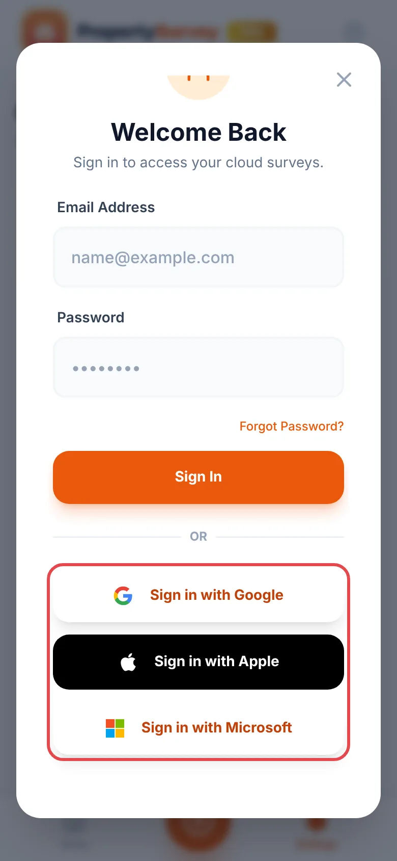 The sign-in screen with Email Address, Password, Forgot Password? and Sign In, and the Sign in with Google, Sign in with Apple and Sign in with Microsoft buttons ringed in red