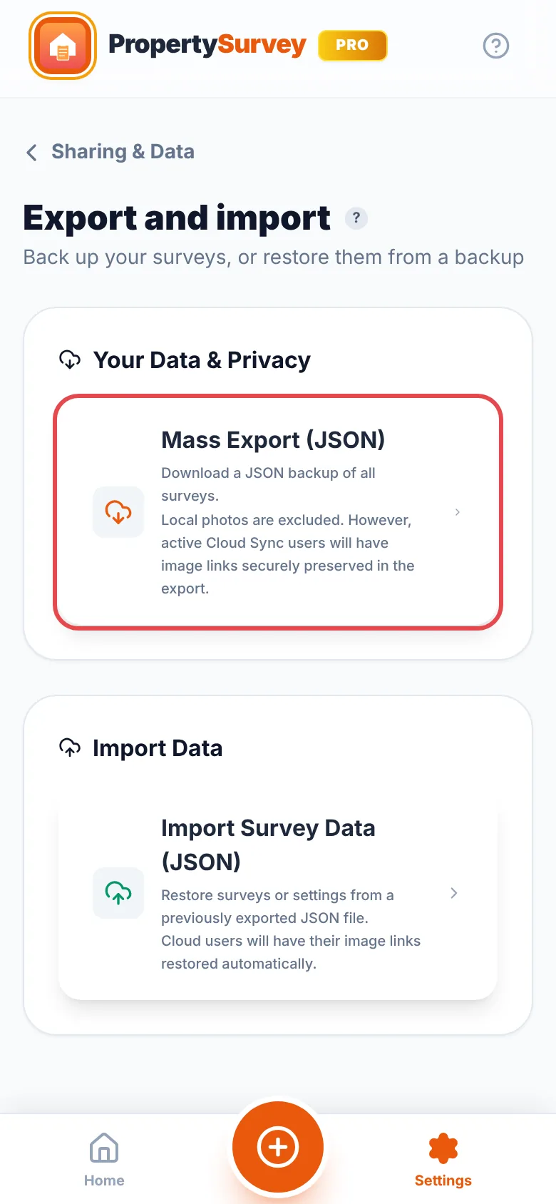 Settings, Sharing tab: Your Data & Privacy with the Mass Export (JSON) button ringed in red, above Import Survey Data (JSON)