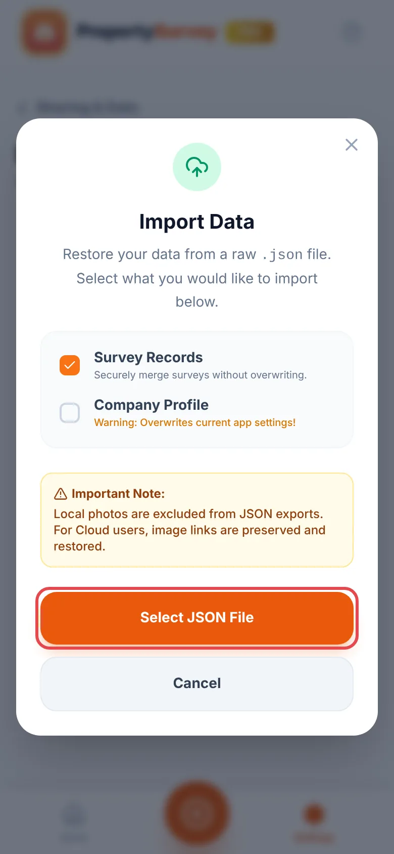 The Import Data window with Survey Records ticked and Company Profile unticked, and the Select JSON File button ringed in red