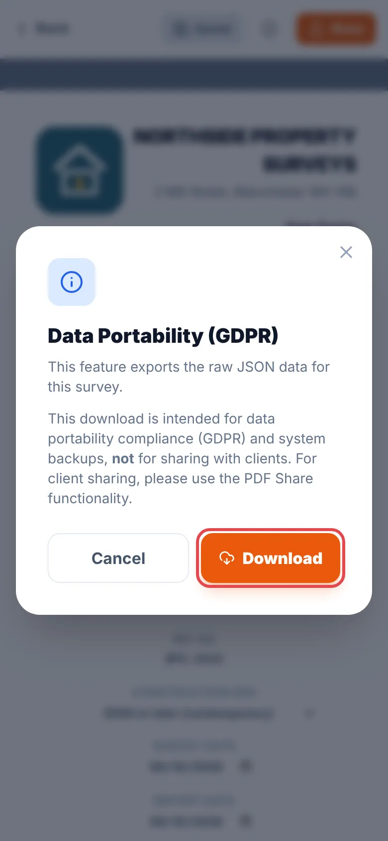 The Data Portability (GDPR) window for one survey, explaining the JSON export, with the Download button ringed in red