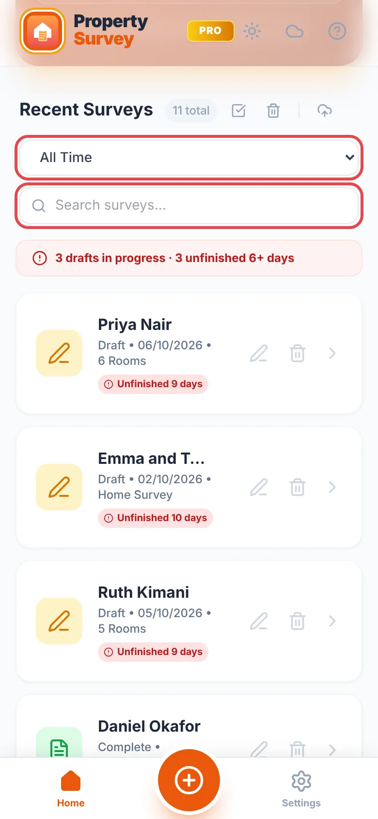 Recent Surveys on the home screen with the All Time date filter and the Search surveys box ringed in red, above a list of surveys