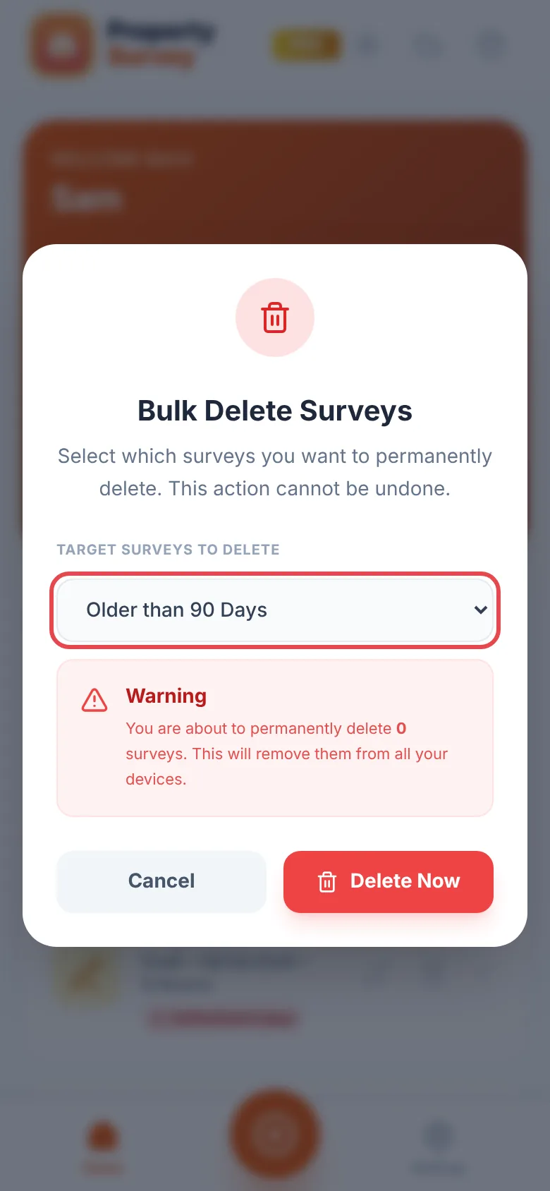 The Bulk Delete Surveys window with Older than 90 Days chosen under Target Surveys to Delete and ringed in red, above a warning and the Delete Now button