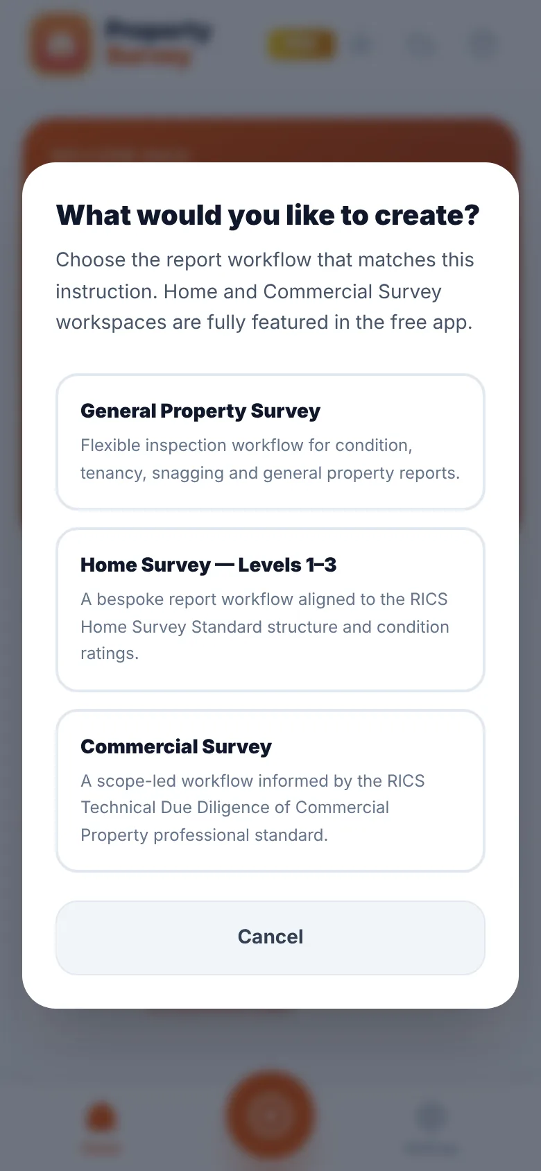 The What would you like to create? window offering General Property Survey, Home Survey — Levels 1–3 and Commercial Survey, with Cancel below