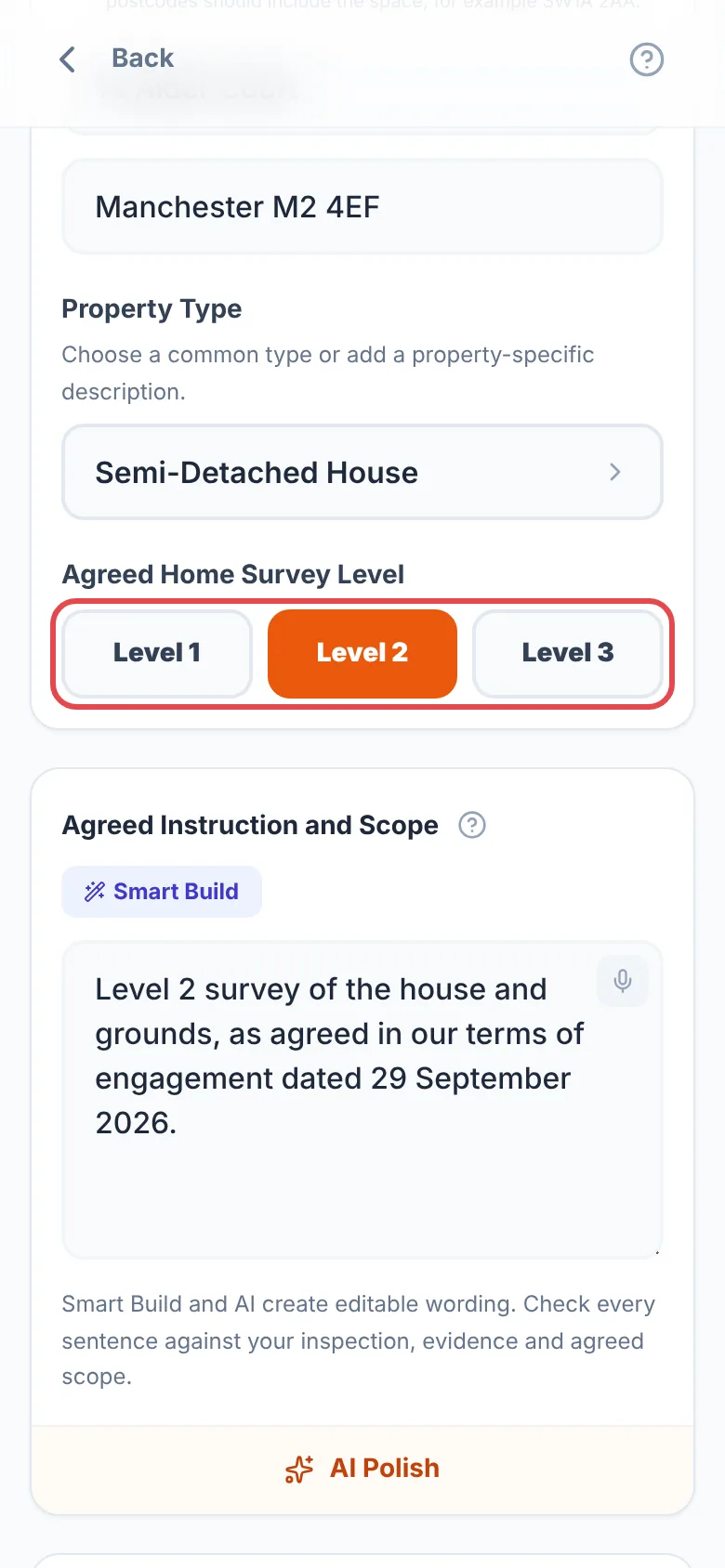 A Instruction in a Home Survey, with the Agreed Home Survey Level buttons ringed in red and Level 2 chosen