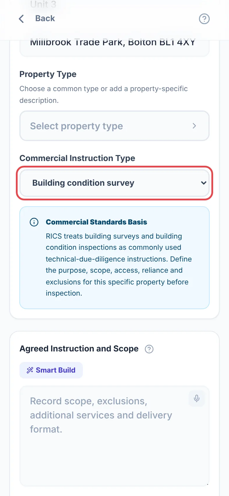 Instruction & reliance in a Commercial Survey, with the Commercial Instruction Type box ringed in red and set to Building condition survey