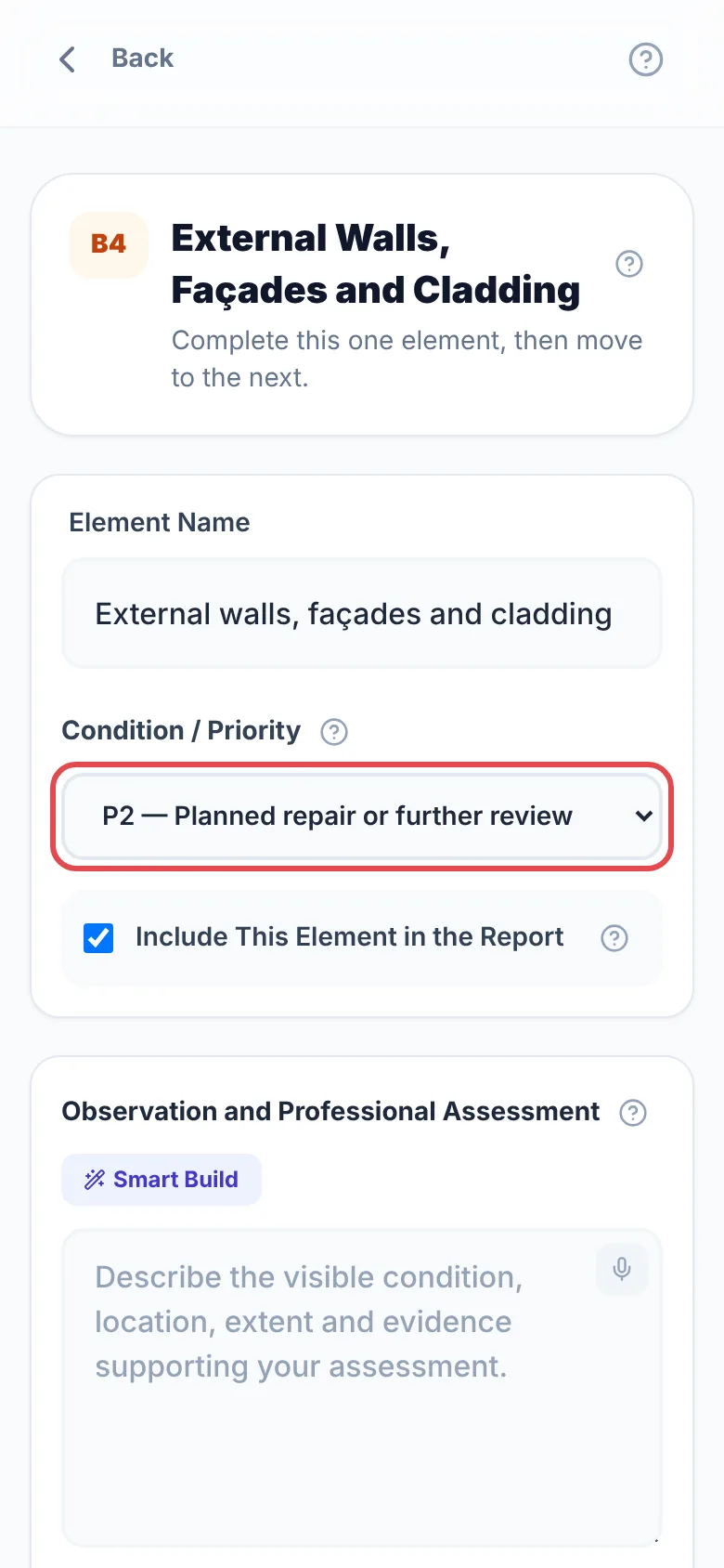 The External Walls, Façades and Cladding element (B4) with the Condition / Priority box ringed in red and set to P2 — Planned repair or further review