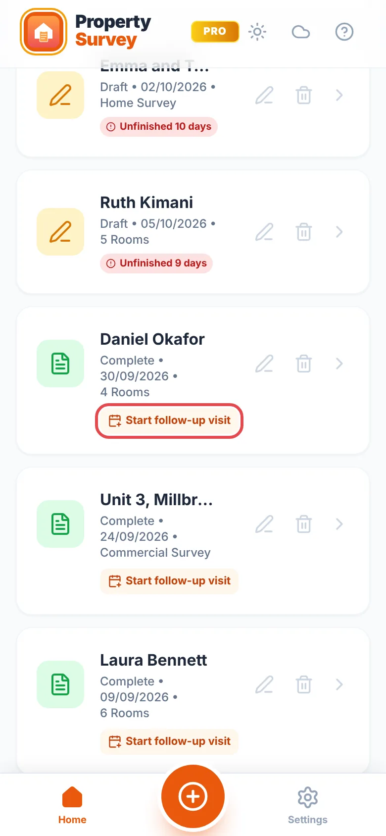 Recent Surveys on the home screen, with the Start follow-up visit button ringed in red on a completed survey