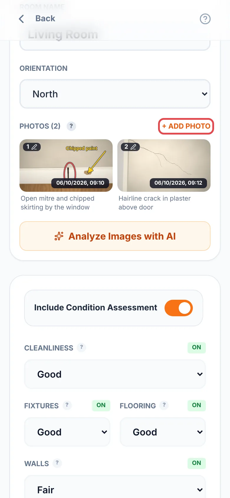 A room in a General Inspection with two photos under Photos (2), and the + ADD PHOTO link ringed in red