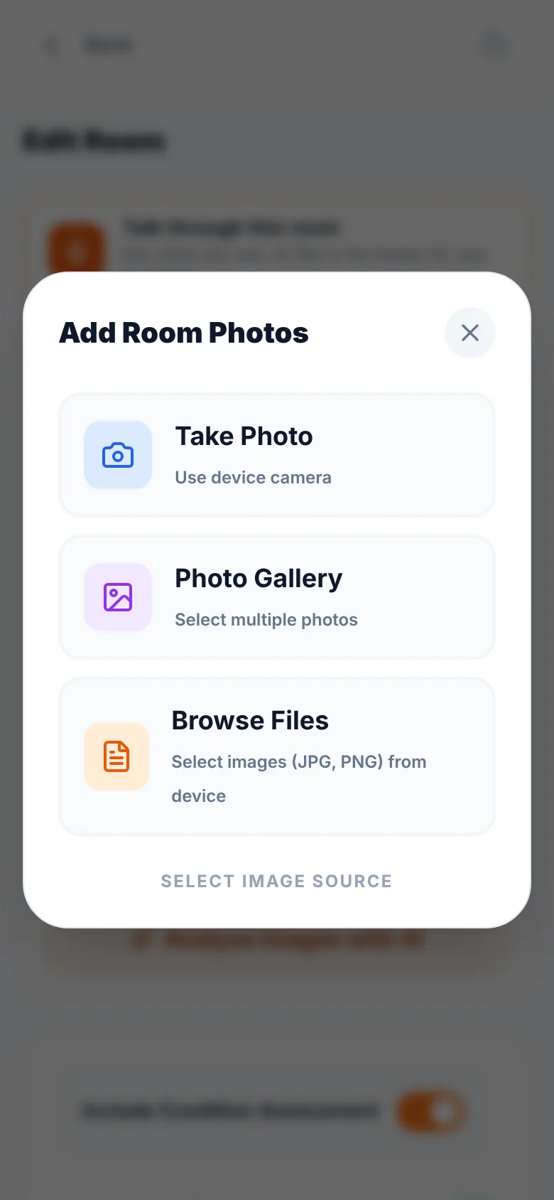 The Add Room Photos window offering Take Photo, Photo Gallery and Browse Files