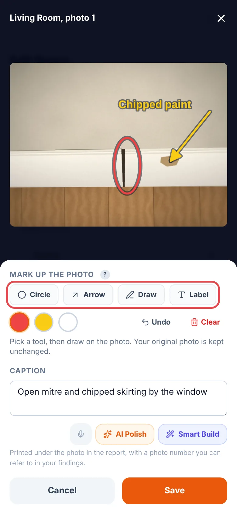 A photo open full size with a circle and an arrow labelled Chipped paint drawn on it; the Circle, Arrow, Draw and Label tools are ringed in red, with the caption box and Save below