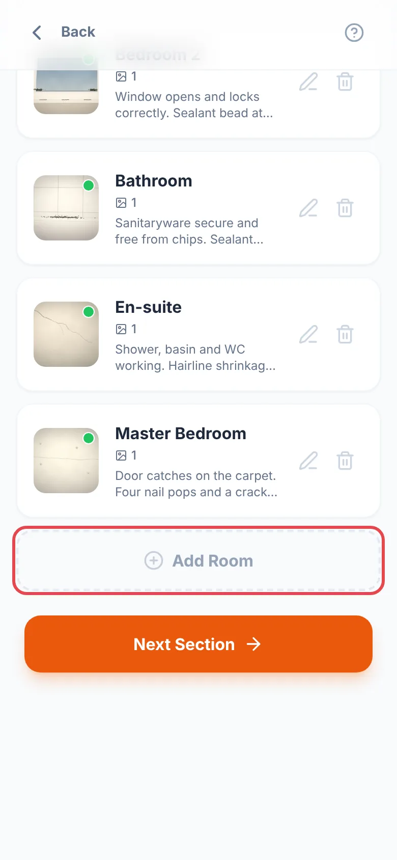 Room Analysis listing Bathroom, En-suite and Master Bedroom, with the Add Room button ringed in red
