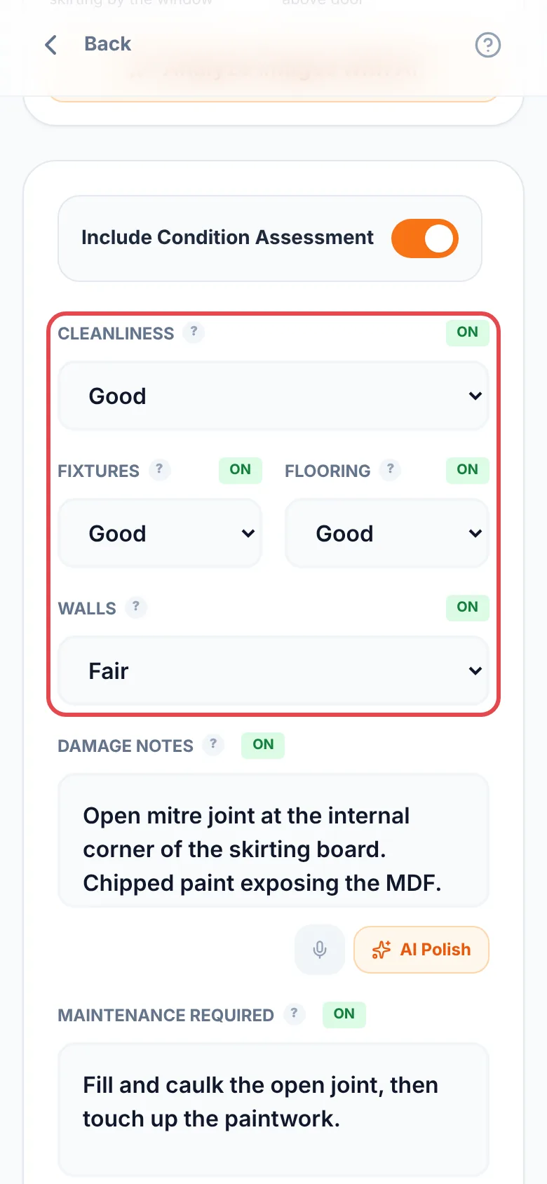 A room with Include Condition Assessment on, the Cleanliness, Fixtures, Flooring and Walls ratings ringed in red, and the damage notes and maintenance required below