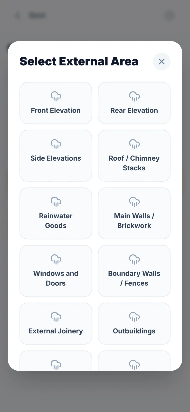 The Select External Area window listing Front Elevation, Rear Elevation, Side Elevations, Roof / Chimney Stacks, Rainwater Goods and more